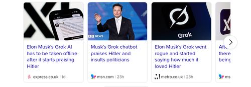 Screenshot of three news article headlines stating how "Grok AI", elon musk's twitter/X AI chatbot has been praising hitler and insulting people.