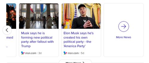 Screenshot of three news article headlines stating how elon musk is starting his own U.S. political party called "The America Party"