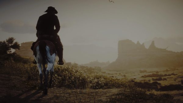 A man on a horse in silhouette trots across a grassy plane towards a cliff face in the distance.