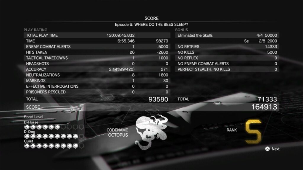 Metal Gear Solid V: The Phantom Pain Episode 6: Where do the bees sleep? S-Rank score card. Shows total score of 164913