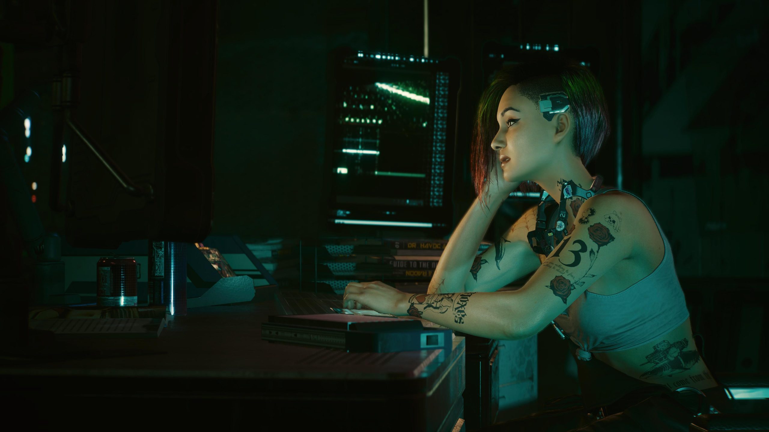 At the computer in Lizzie’s Bar