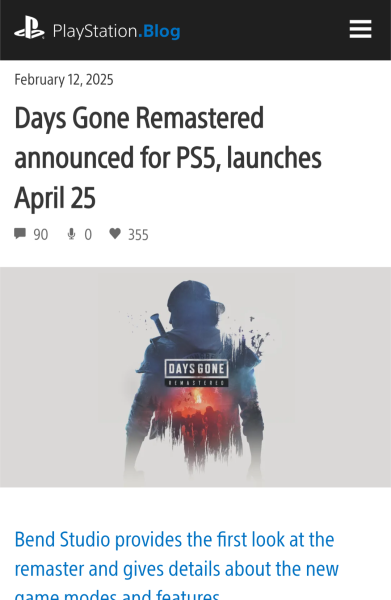Screenshot of an online post that reads "Days Gone Remastered announced for PS5, launches April 25" The image below that title shows the silhouette artwork of the a man with backwards cap and biker jacket, his back facing towards us. The bottom of his silhouette tapers off and shows fire with zombies running towards us. 