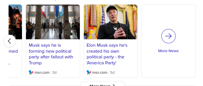 Screenshot of three news article headlines stating how elon musk is starting his own U.S. political party called "The America Party"