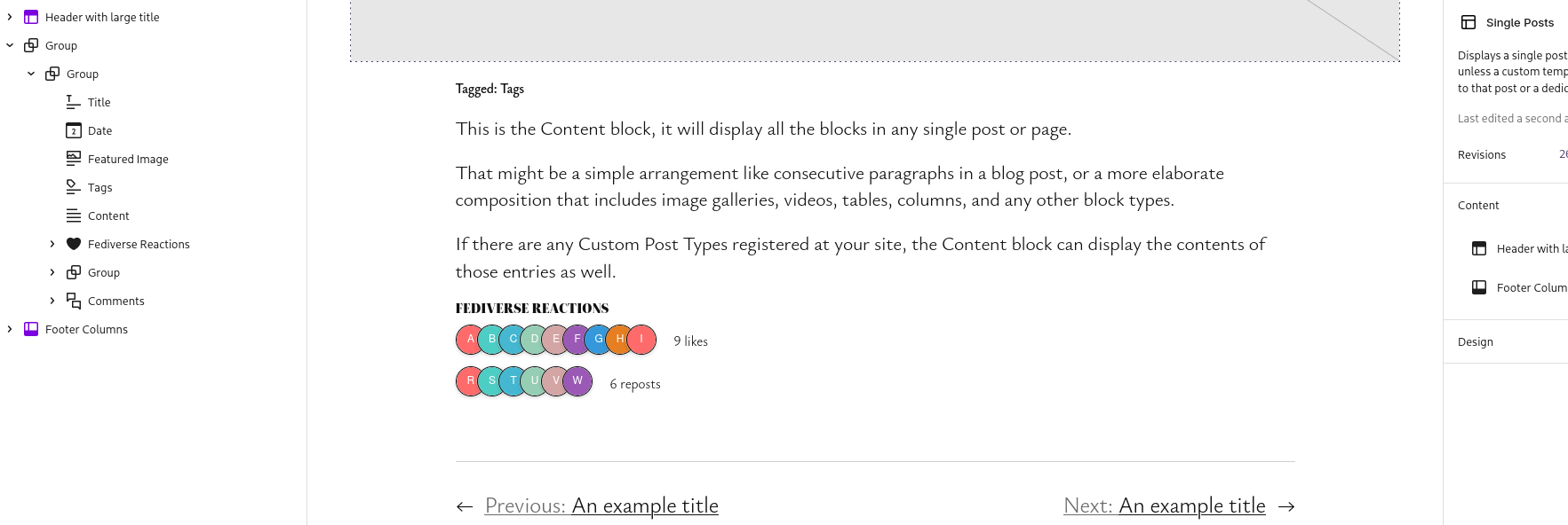 Screenshot of single post template editor in wordpress admin.