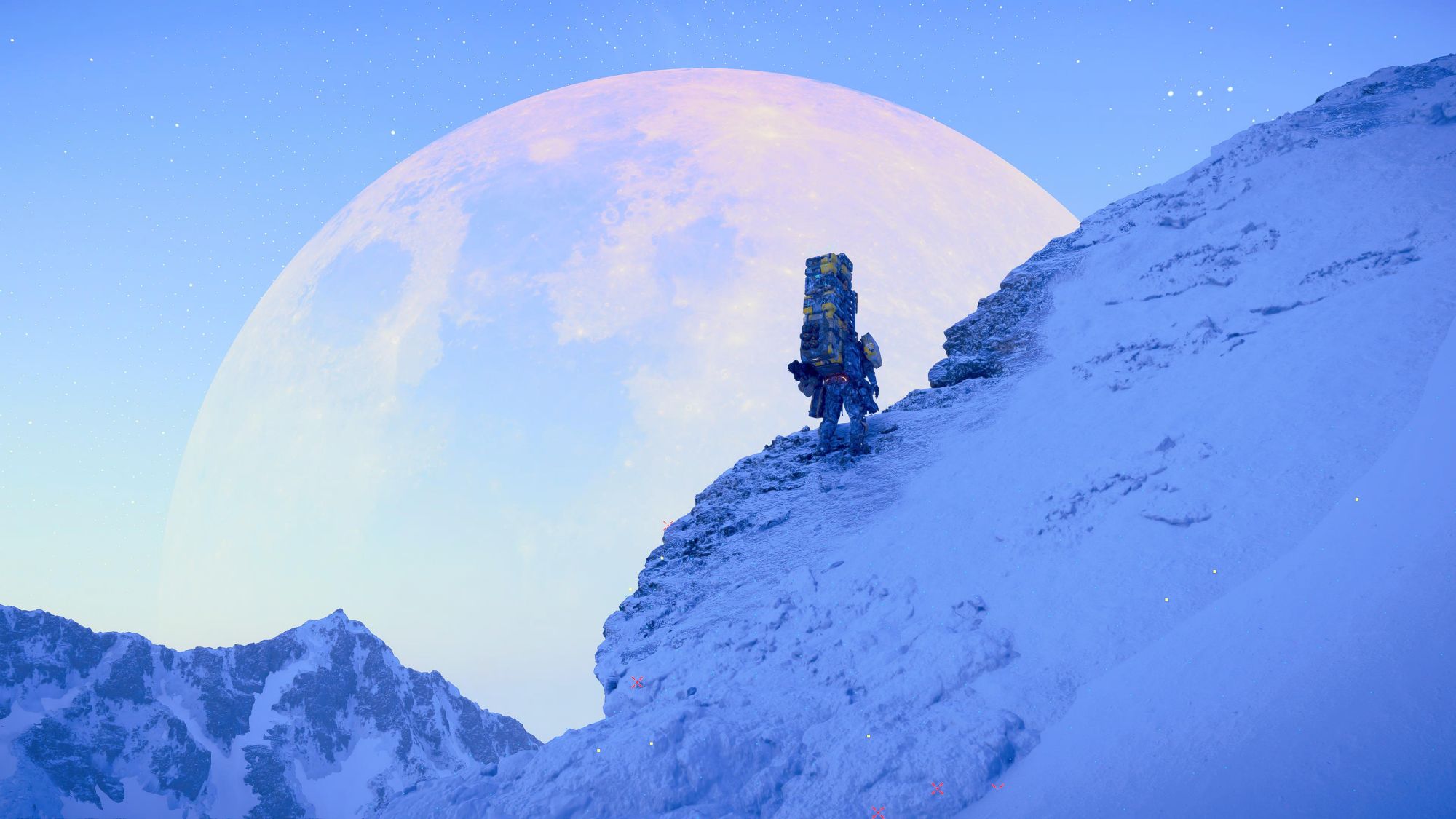 Sam traverses the snowy peaks