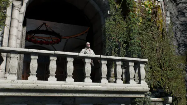 Geralt stands on the balcony. A man with silver hair stands on a balcony lined with waist-high stone pillars topped with a stone topping. To the side is the wall of the building, covered in foliage.