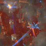 In deep space, a space fighter space ship flies away from a colossal-sized freighter. The freighter is burning, falling downwards and blowing apart.
