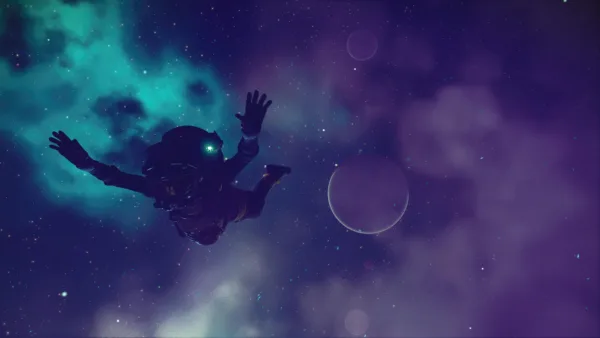 Looking up at a dark sky with full colours of purple, green and blue. Coming towards us is the silhouette of a person in a space explorer outfit, sky diving.