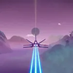 A space ship flies ahead with its light blue trail behind it. It flies towards some small mountains and a distant planet ahead. The sky and the ground fog are a hazy light purple colour.