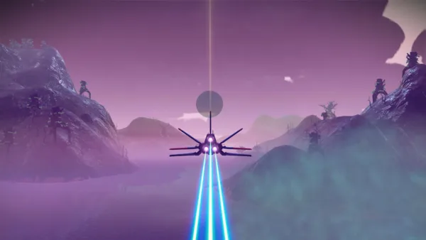 A space ship flies ahead with its light blue trail behind it. It flies towards some small mountains and a distant planet ahead. The sky and the ground fog are a hazy light purple colour.